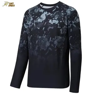 Uv Fishing Shirt Custom Sublimation Logo Navy Blue Color Polyester UV Long Sleeve Mens Fishing Shirt