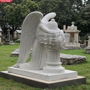 YOUFINE Estatua Conmemorativa de Ángel Llorón de Mármol Blanco Tallada a Mano, Lápida de Cementerio Arrodillada para Decoración de Tumbas Funerarias - Product Image 1