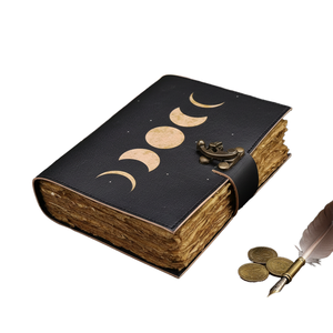 Diario Grimoire de Cuero con Tapa Dura Sol y Luna, Libro de Hechizos de Fases Lunares con Papel Vintage de Borde Rústico y Cosido con Hilo - Product Image 1