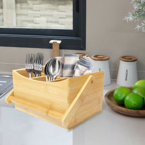 Portable Dining <strong>Table</strong> <strong>Caddy</strong> Storage 4 Compartments Wooden Desk Organiser Bamboo Flatware Utensil <strong>Caddy</strong> with Swing Handle - Product Image 6