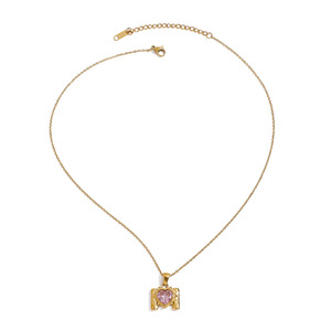 M Shaped Pendant With Pink Heart Zircon Gold Plated Stainless Steel Charm For Gift Jewelry - Product Image 1