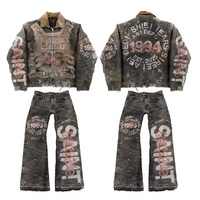 Veste en jean pour homme, fabrication sur mesure, denim, manches longues, effet usé, coupe ample, vintage, patchwork de strass, style motard