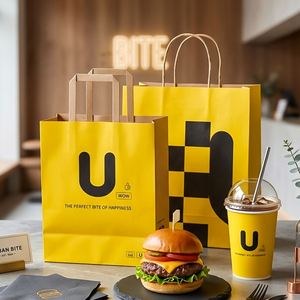 Sacs en papier kraft personnalisés, écologiques, jetables et recyclables pour emballages de restauration rapide (burgers, frites) à emporter avec poignée - Product Image 1