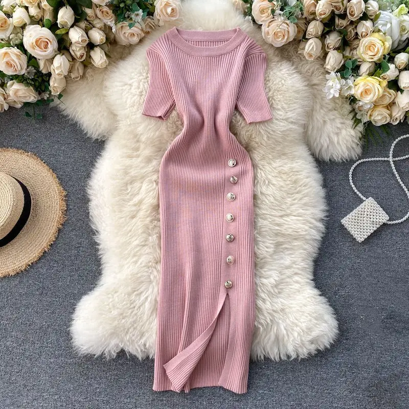 OEM Custom Fashion Summer Fall Casual Women's Ladies Clothing Short Sleeve Loose Knitted Sweater Dress