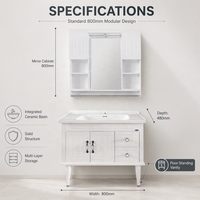 Meuble-lavabo de salle de bain moderne sur pied de 800 mm avec armoire miroir intégrée, ensemble de meubles de salle de bain de luxe avec vasque en céramique blanche cannelée