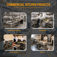 Meja Kerja Stainless Steel 2 Tingkat Kaki Bulat Kokoh, Dilengkapi Penguatan, Food Grade 304, Tersedia OEM, untuk Dapur Bakery