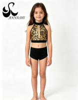 Costume de danse pour enfants noir et or à paillettes, haut court à bretelles avec longue ceinture en maille, short taille haute, tenue de danse 2 pièces
