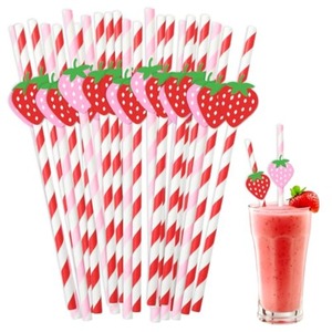 Pink And <b>Red</b> Strawberry Striped <b>Paper</b> Straws 20 Pieces Disposable Biodegradable For Summer Drinks Weddings Birthdays - Product Image 1
