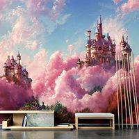 Peinture murale Art Déco Château Nuage Rose Fantaisie Nature Morte à l'Huile pour Chambres d'Enfants & Salons Décoration Personnalisée pour la Maison