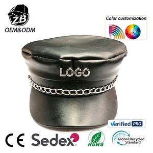 Custom Trendy Punk PU Leather Newsboy <b>Cap</b> with Chain <b>Flat</b> Top Sailor Beret <b>Cap</b> for <b>Men</b> Women - Product Image 1
