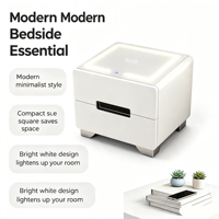 Mesita de Noche Moderna de Madera, Color Blanco Brillante, con Carga Inalámbrica, Luz LED, Mueble Multifuncional para Dormitorio