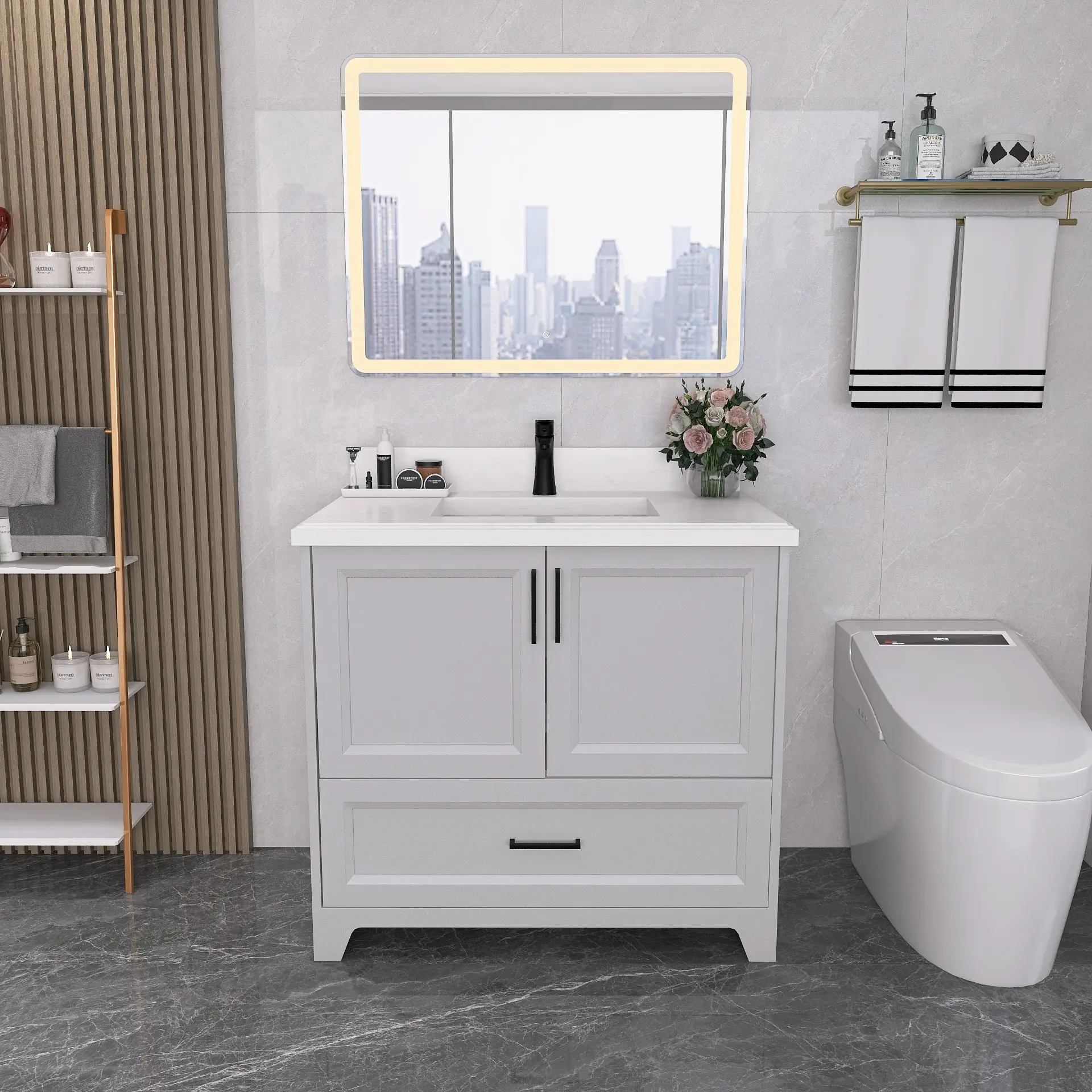 36 inch Medium size all plywood light grey colored house bathroom cabinets 90cm bathroom vanity