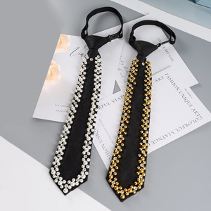Corbata decorativa estilo JK negra con perlas y diamantes de imitación para mujer, accesorio de moda para uniformes escolares y uso diario - Product Image 1