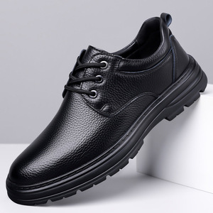Zapatos de Negocios de Cuero Genuino para Hombre, Punta Redonda, con Cordones, Suela de Goma Antideslizante, Forro de Felpa para Invierno, Zapatos Casuales Cómodos - Product Image 1