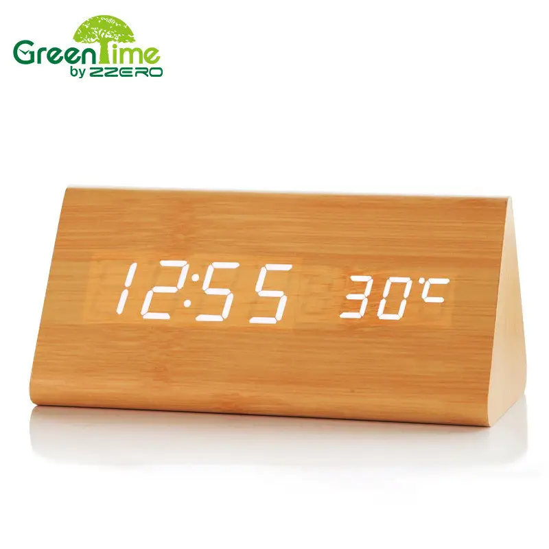창조적 인 디지털 시계 나무 전자 LED 시간 표시 온도 및 습도 감지 시계 침실 알람 시계
