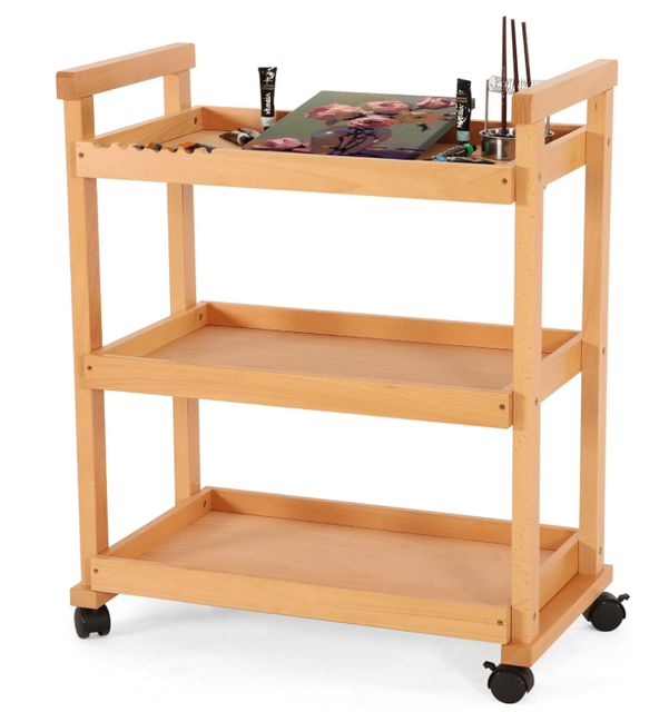 Art Cart Organizer Solid Beech Wood Art Supply Storage Organizer with Caster Wheel 3-Tier Rolling Utility Storage Cart