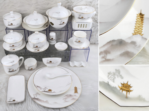Service de vaisselle de luxe chinois, vaisselle en porcelaine avec décor paysage d'encre et pagode dorée, bordure dorée à la main, pour hôtel, banquet, mariage, maison. - Product Image 2