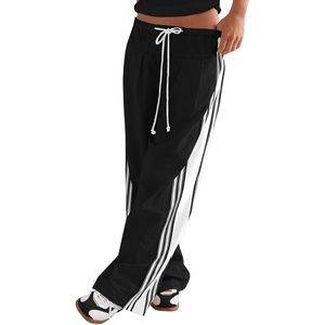 Pantalon palazzo ample à rayures pour femme, taille haute, avec cordon de serrage et poches - Product Image 1