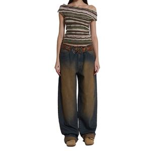 กางเกงยีนส์เดนิมทรงหลวมคุณภาพสูงสำหรับผู้หญิง ล้างแบบ Monkey Wash ทรงขากว้าง สไตล์วินเทจสุดพิเศษ - Product Image 1