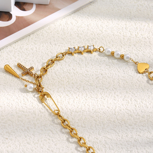<span class=keywords><strong>Collier</strong></span> chaîne de perles d'imitation Dreamshow avec pendentif étoile et croix en zircon, bijoux plaqués or en acier inoxydable - Product Image 5