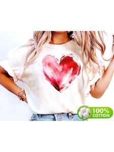 T-shirt Love Heart da donna a maniche corte in cotone per San Valentino, casual, girocollo, con stampa, stile primavera-estate - Product Image 1