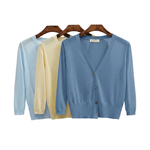 Xinransi Women's Knitted V-Neck Cardigan Three Quarter Sleeve Solid Color Casual Spring <b>Top</b> Sheer <b>Layer</b> Button Front - Product Image 4