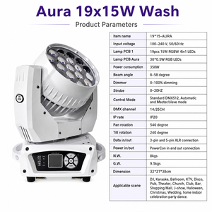 ไฟหัวขยับ LED Aura RGBW Wash ขนาด 19x15W อเนกประสงค์ พร้อมซูม สำหรับคลับ คอนเสิร์ต และงานแต่งงาน - Product Image 4