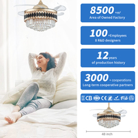 Ventilateur de plafond de luxe européen 48 pouces avec corps de lampe en cristal, pales en fer rétro, LED à intensité variable et télécommande intelligente