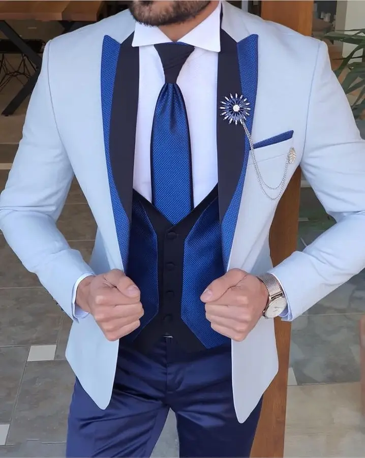 Wit Blauw Bruidegom Smoking Voor Bruiloft Prom Men Suits 3 Stuk Roken Formele Slim Fit Ceremonie Mannelijke Kleding Set Vest jas Broek