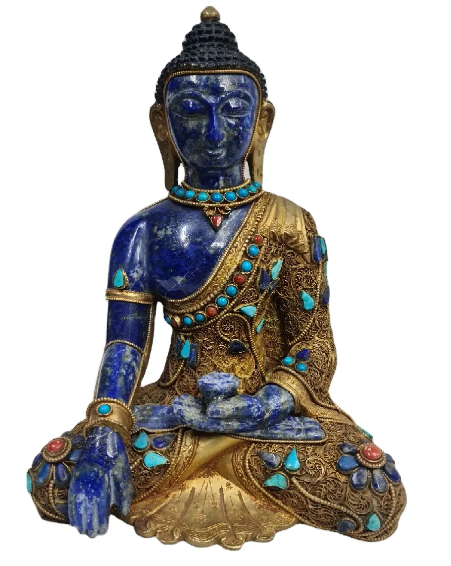 Lapislazuli hand gefertigte indische antike Messing Gold filigrane Buddha Home Decor handgemachte Statue Skulptur