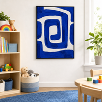 Peinture géométrique carrée bleue et blanche sur toile encadrée, grande décoration murale nordique simple et moderne pour la maison