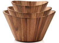Ensemble de 3 saladiers en bois d'acacia anti-fissuration avec rebord ondulé, bols à mélanger empilables pour fruits, légumes, salades, dîner en famille