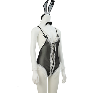 Cosplay Maid Sexy Bunny Girl Strappy Open-Crotch Bodysuit Lingerie No-Remove Uniform See-Through Set With <b>Stockings</b> - Product Image 6