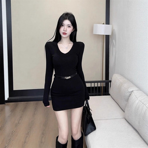 Black V-neck Long Sleeve Mini Dress Tight Waist Bodycon Party Casual Dress With Belt Breathable Simple Style - Product Image 3