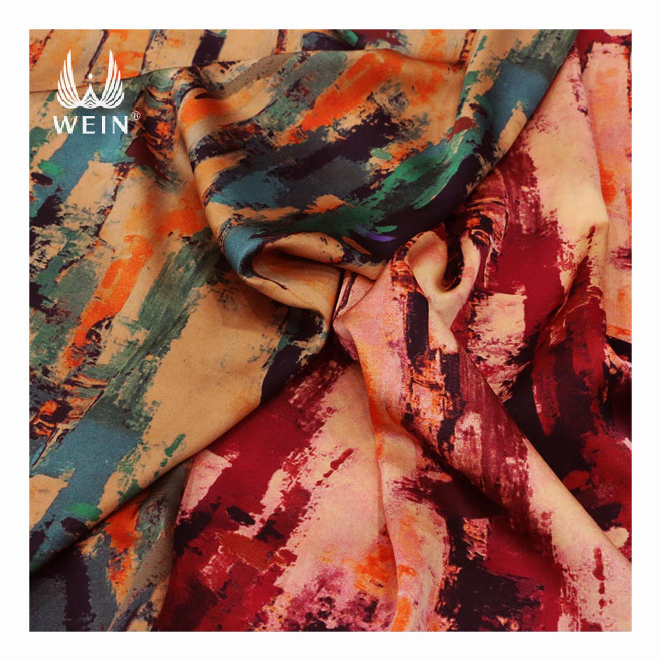 WI-E03 Guaranteed quality abstract design dress material Stretch satin printed fabric and textiles for clothes