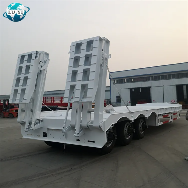 LUYI brand tri-axle lowboy transport vehicle 60 ton drop deck truck semi trailer, gooseneck low bed trailer with ramps for sale