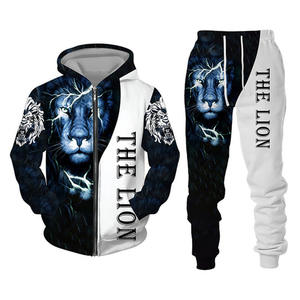 Automne et hiver hommes survêtement 3D le Lion imprimer fermeture éclair sweats à capuche pantalons ensembles décontracté hommes vêtements femmes survêtement - Product Image 3