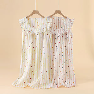 Pyjama en coton à col en v personnalisé pour femmes Robe de <span class=keywords><strong>nuit</strong></span> tachetée à rayures doux 100% coton décontracté été hiver automne printemps ODM approvisionnement - Product Image 4