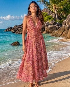 Best Quality Handmade Woven Silk Halter Maxi Dress | Bohemian Floral Print A-Line Summer <b>Beach</b> & Festival Wear Women's Dress - Product Image 4