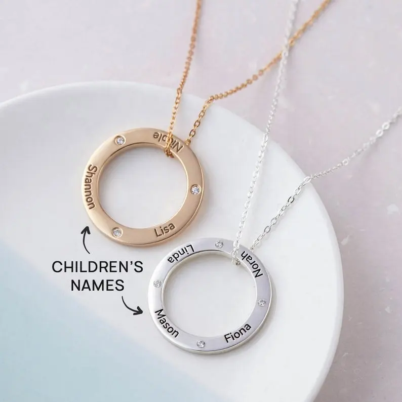 Edelstahl Schmuck Muttertag Schmuck Geschenke Mutter benutzer definierte Informationen Familie Kind Kind Name graviert runde Halskette Zirkon