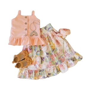 Ensembles de vêtements pour enfants, ensembles de plage pour filles sans manches avec boutons, imprimé floral et dentelle - Product Image 1