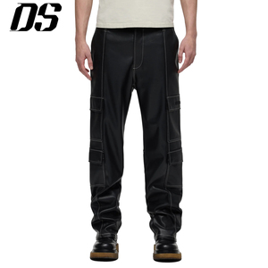 Stacked Style Black Leather Straight Leg Pants with Contrast <strong>White</strong> Stitching Side Patch <strong>Cargo</strong> Pockets Functional Pants Cool Men - Product Image 1