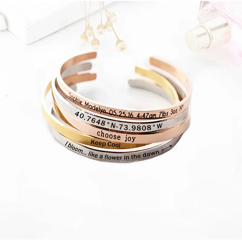 Birthday Jewelry Custom New Inspirational Stainless Steel Bracelets for Women Personalized Gift Engraved Mantra Cuff Bangle