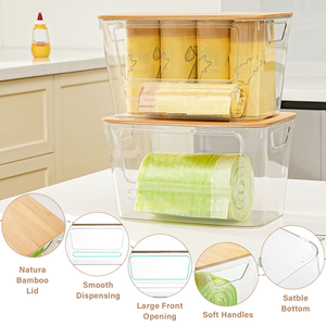 Porte-sacs poubelle en plastique transparent avec couvercle en bambou, bac à linge empilable, conteneur de rangement sous l'évier - Product Image 4