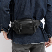 Sac banane unisexe en cuir véritable noir imperméable avec fermeture éclair pour la randonnée et les voyages, plusieurs poches, sac banane amusant