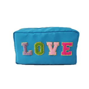 Waterproof Nylon Fabric Towel Embroidery Patches Ladies Large Travel Storage Bag Women Custom Makeup Pouch Cosmetic Bag