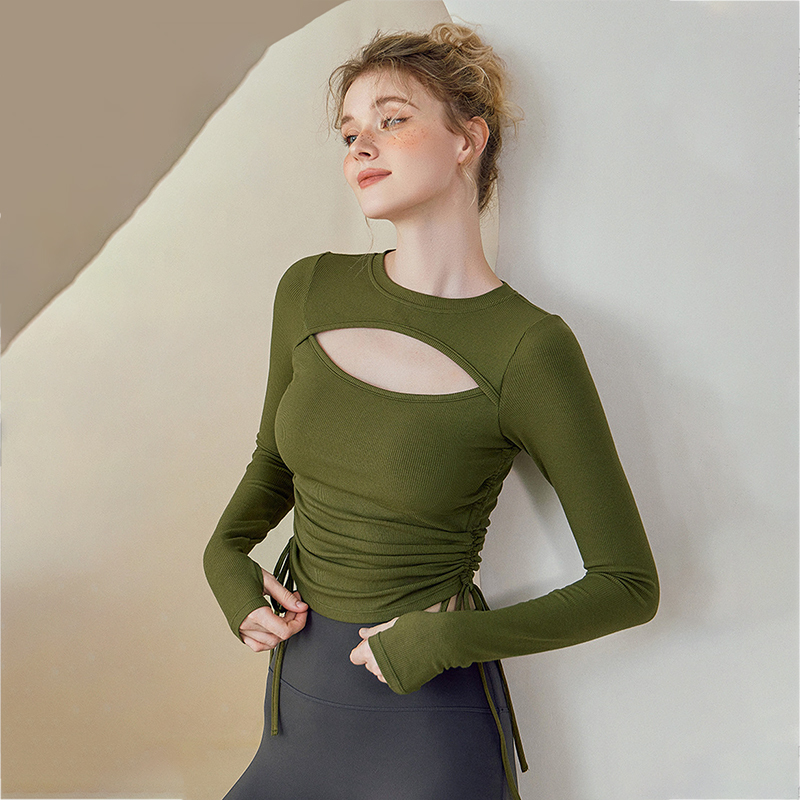 Fashion New Design Hollow Women Yoga Scrunch Waist Tight Long Sleeve Fitness Running Yoga Crop Gym T Shirt