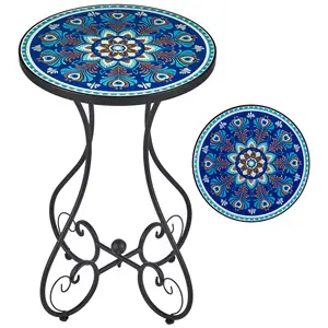 Outdoor Side Table and Mosaic Plant Stand, 21" Round End Table with 14" Ceramic Tile Top for Patio Porch Decor