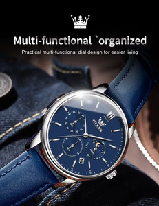 OLEVS 2922 Jam Tangan Kuarsa Pria 42MM Dial Biru Fase Bulan Multifungsi Kronograf Tali Kulit 30M Tahan Air Bisnis - Product Image 3