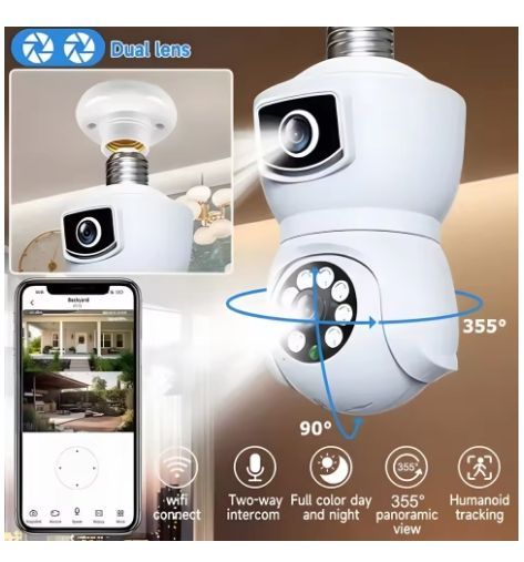 Dual Lens E27 Bulb Camera 180 Wide Angle WiFi Wireless Security Camera Color Night Vision Two Way Audio Home Monitoring Cloud